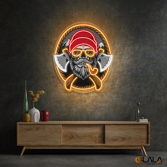 Beard Woodman Skull With Axe Neon Sign Light Artwork