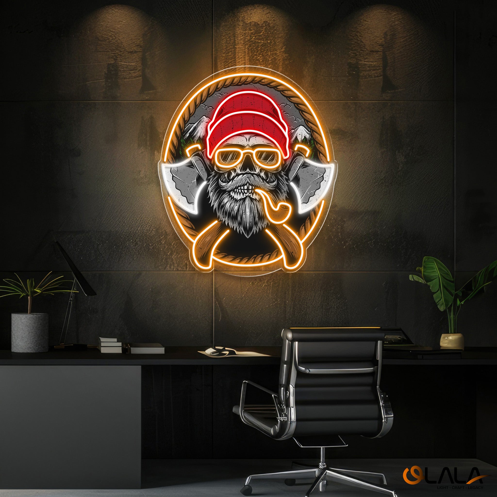 Beard Woodman Skull With Axe Neon Sign Light Artwork