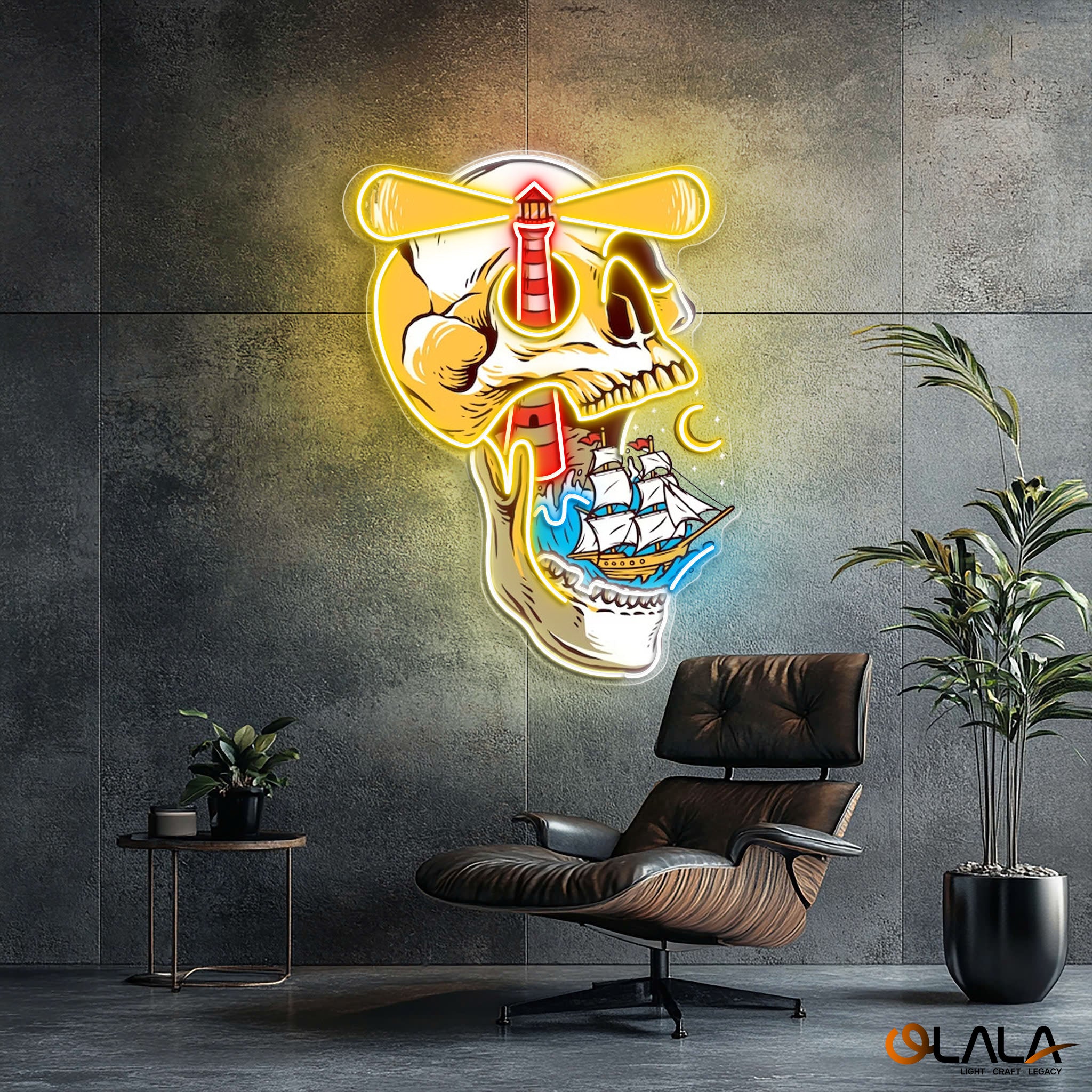 Ghost Ship's Beacon Skull, Lighthouse & Ship Neon Light Artwork